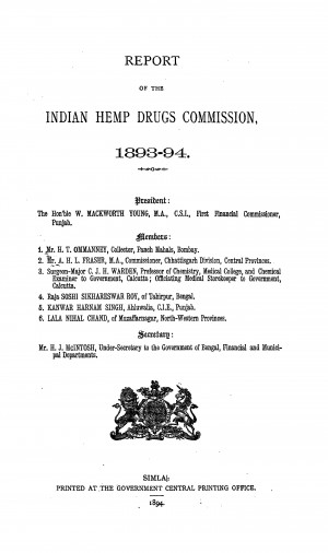 Figur 1. Forsiden på rapporten til The Indian Hemp Drugs Commission, som ble utgitt i 1894. Kilde: National Library of Scotland