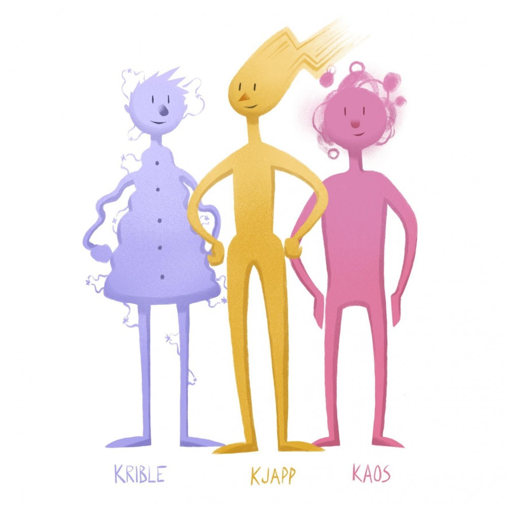 Illustrasjon av tre figurer i lilla, gul og rosa
