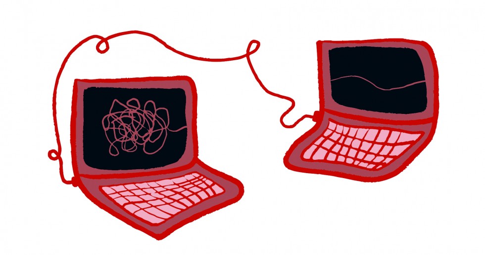 Illustrasjonstegning av to sammenkoblede laptoper