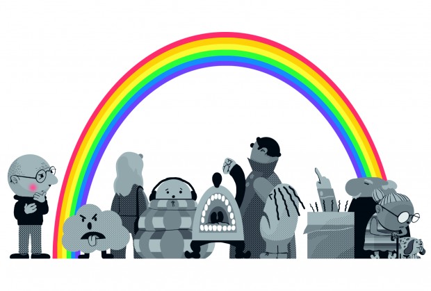 Illustrasjon av grå personer og figurer under fargerik regnbue