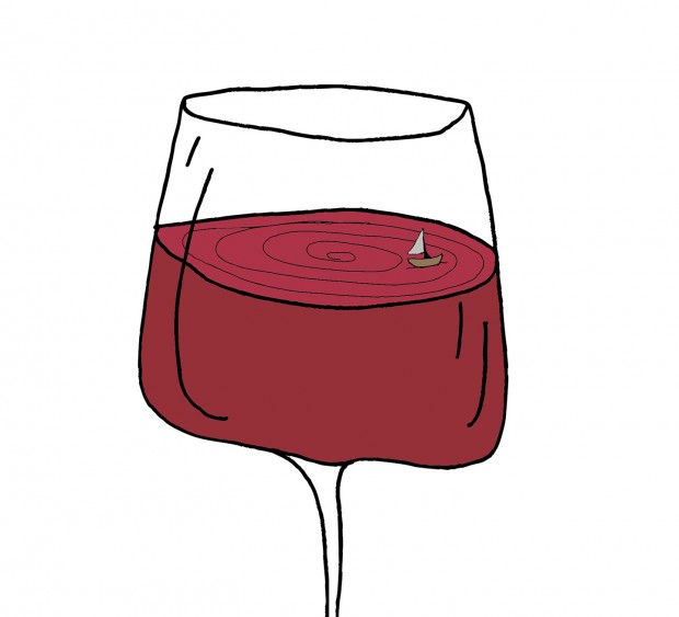Illustrasjon av rødvinsglass med seilbåt på vinen