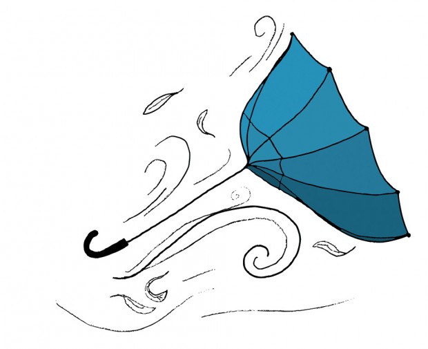 Illustrasjon av paraply som blåser bort i vinden