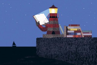 Illustrasjon av et fyrtårn som leser bøker. Illustratør: Kristian Utrimark