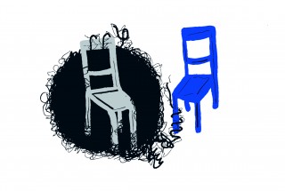 Illustrasjon av blå stol mot hvit bakgrunn og grå stol mot svart bakgrunn
